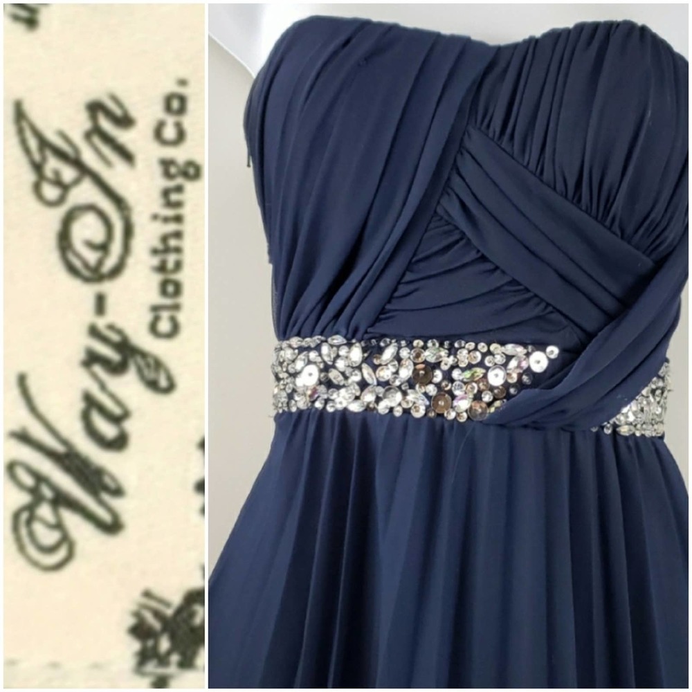 Way-In Clothing CO Navy Rhinestone Long Prom Dress